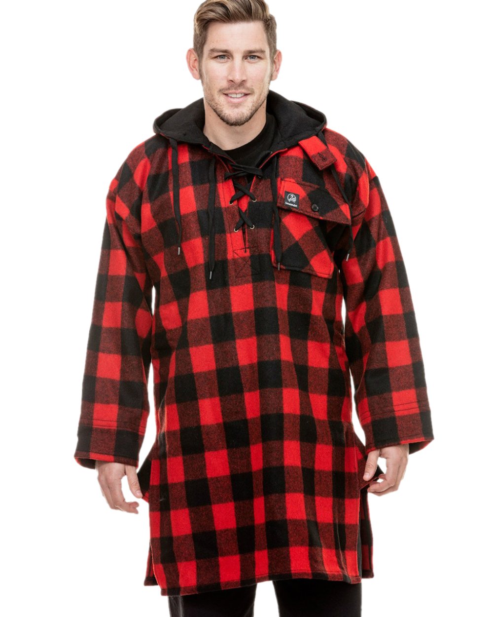 Red Black Check Coloured Swanndri Mens Original Wool Bushshirt With Lace-Up Front on white background #colour_red-black-check