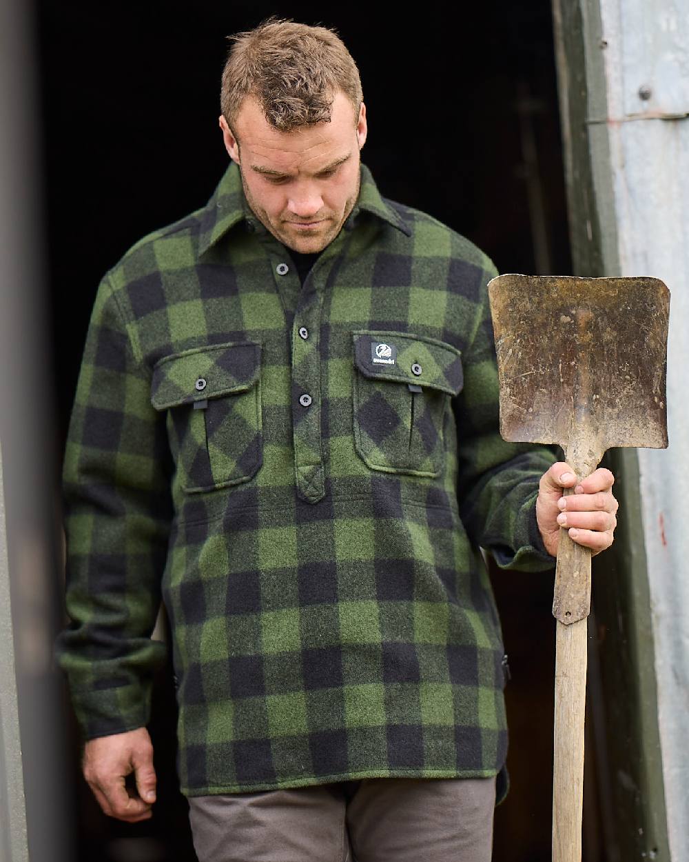 Olive Black Check Coloured Swanndri Mens Ranger Extreme V2 on outdoor background #colour_olive-black-check