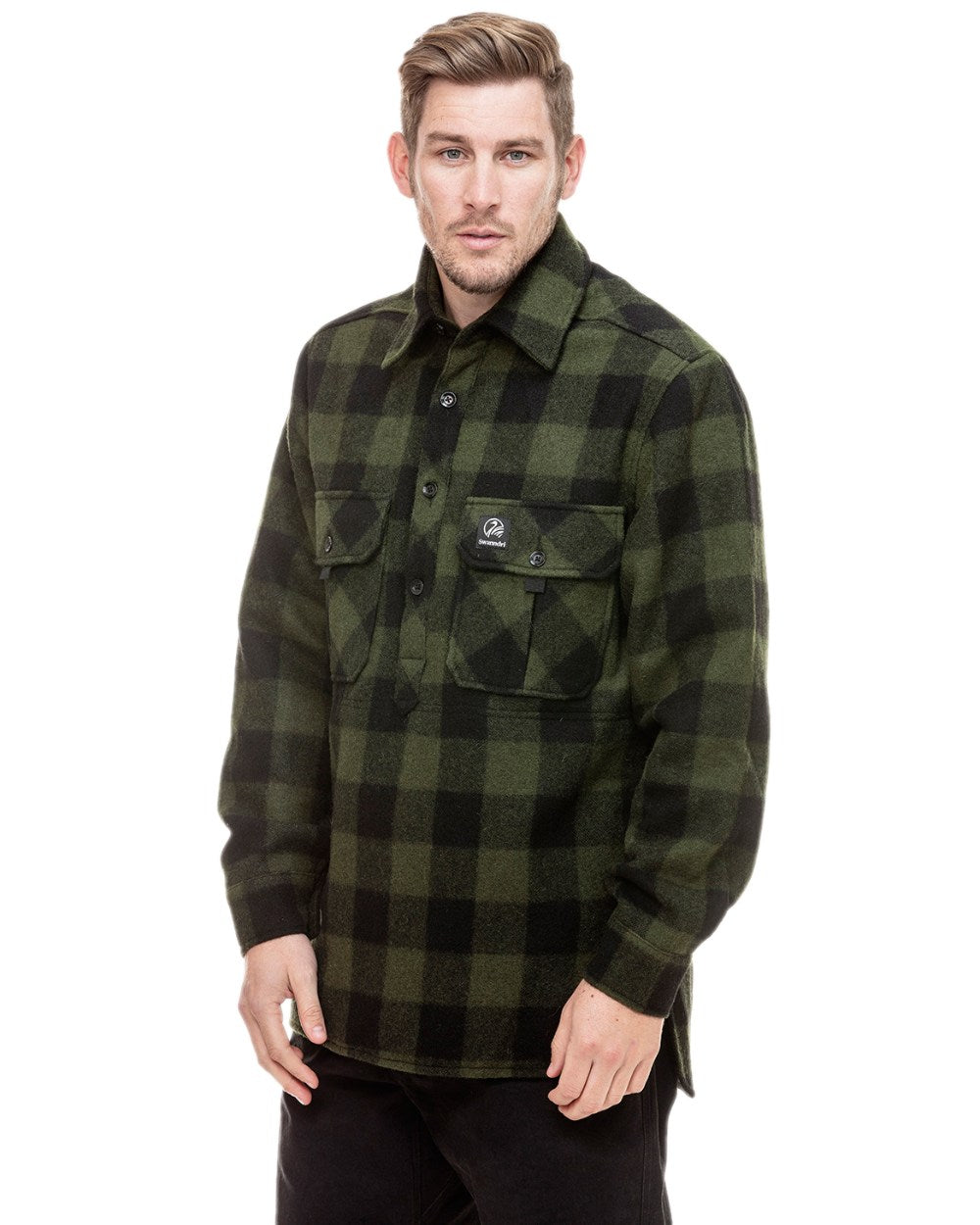 Olive Black Check Coloured Swanndri Mens Ranger Extreme V2 on white background #colour_olive-black-check