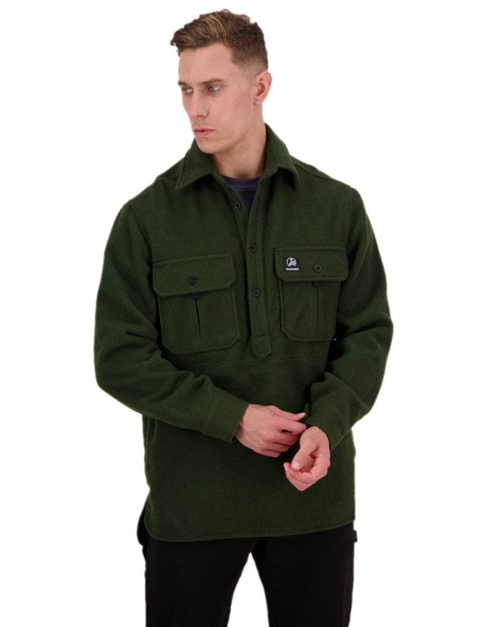 Olive Coloured Swanndri Mens Ranger Extreme V2 on white background #colour_olive