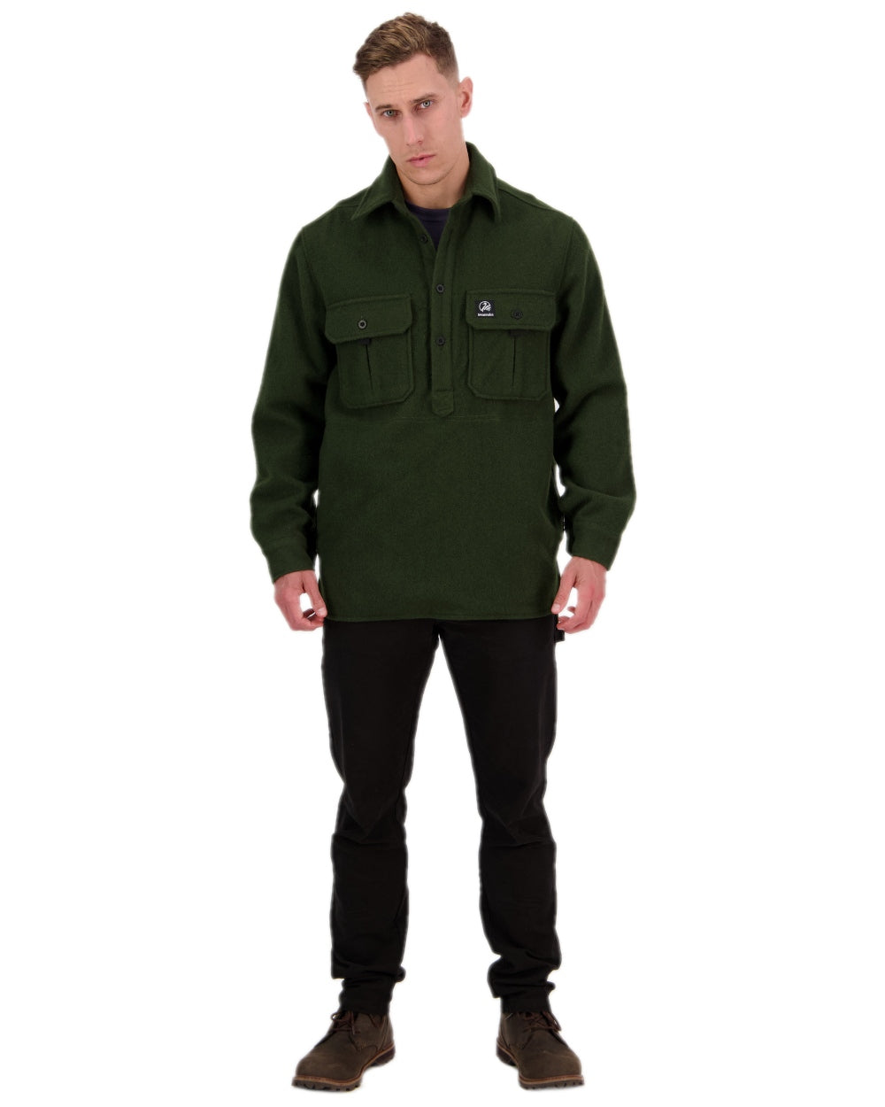 Olive Coloured Swanndri Mens Ranger Extreme V2 on white background #colour_olive