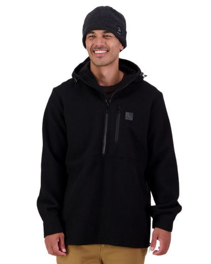 Black Coloured Swanndri Mens Reidston Wool Anorak on white background #colour_black