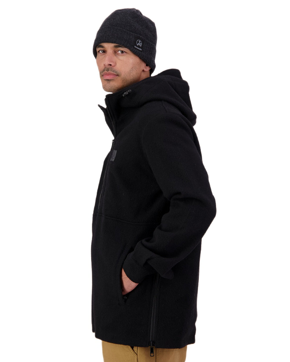 Black Coloured Swanndri Mens Reidston Wool Anorak on white background #colour_black