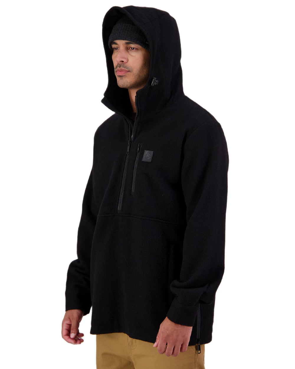 Black Coloured Swanndri Mens Reidston Wool Anorak on white background #colour_black