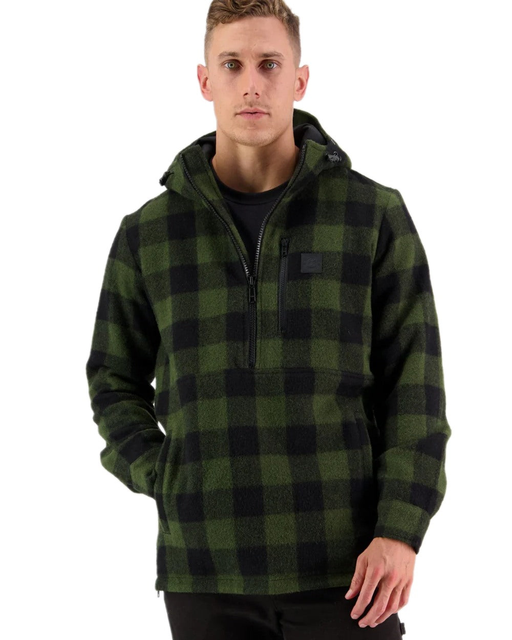 Olive Black Check Coloured Swanndri Mens Reidston Wool Anorak on white background #colour_olive-black-check
