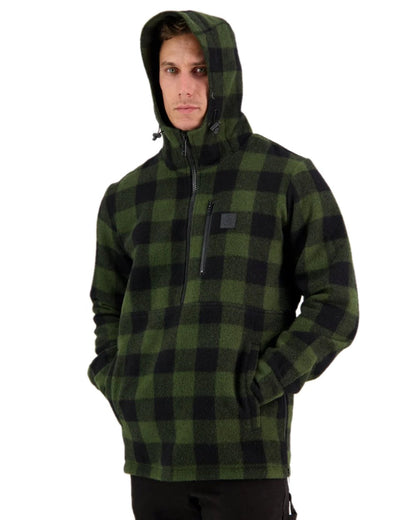 Olive Black Check Coloured Swanndri Mens Reidston Wool Anorak on white background #colour_olive-black-check