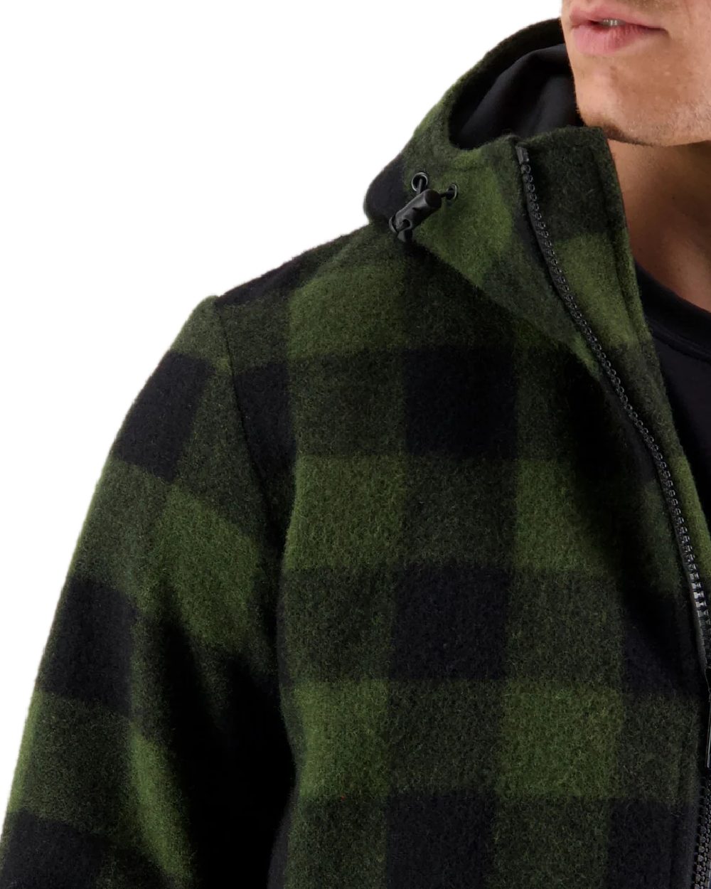 Olive Black Check Coloured Swanndri Mens Reidston Wool Anorak on white background #colour_olive-black-check
