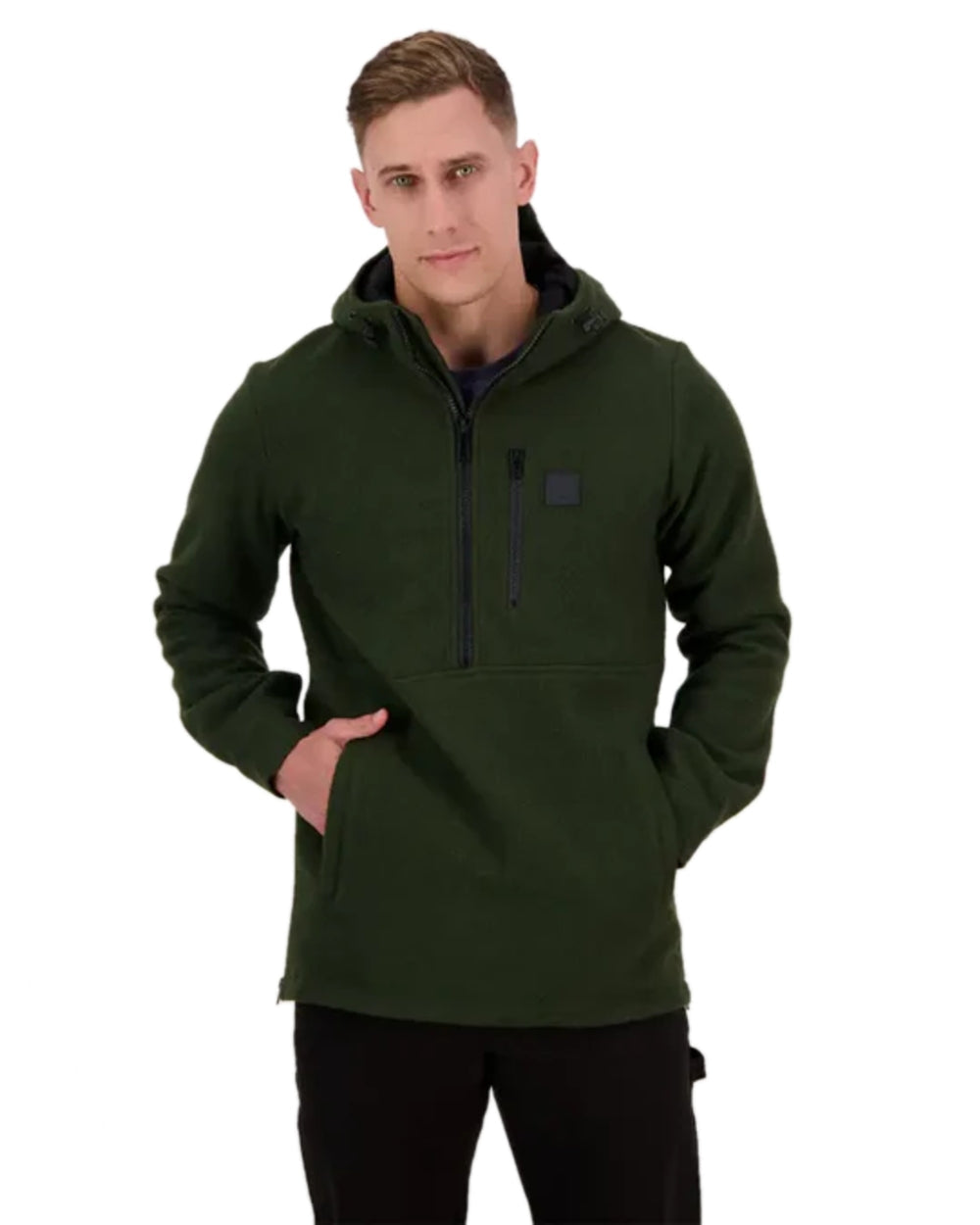 Olive Coloured Swanndri Mens Reidston Wool Anorak on white background #colour_olive