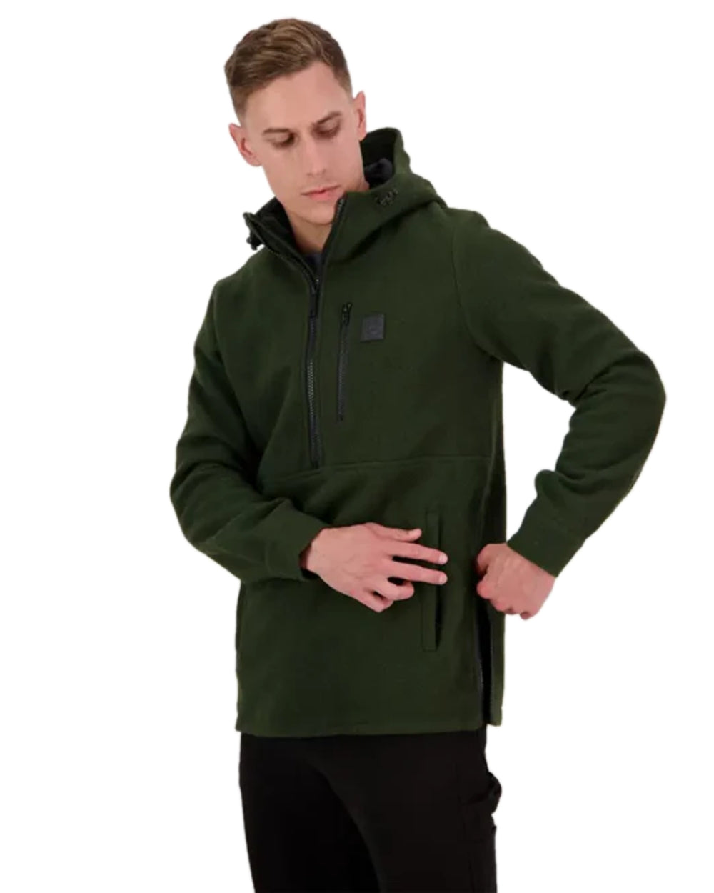 Olive Coloured Swanndri Mens Reidston Wool Anorak on white background #colour_olive