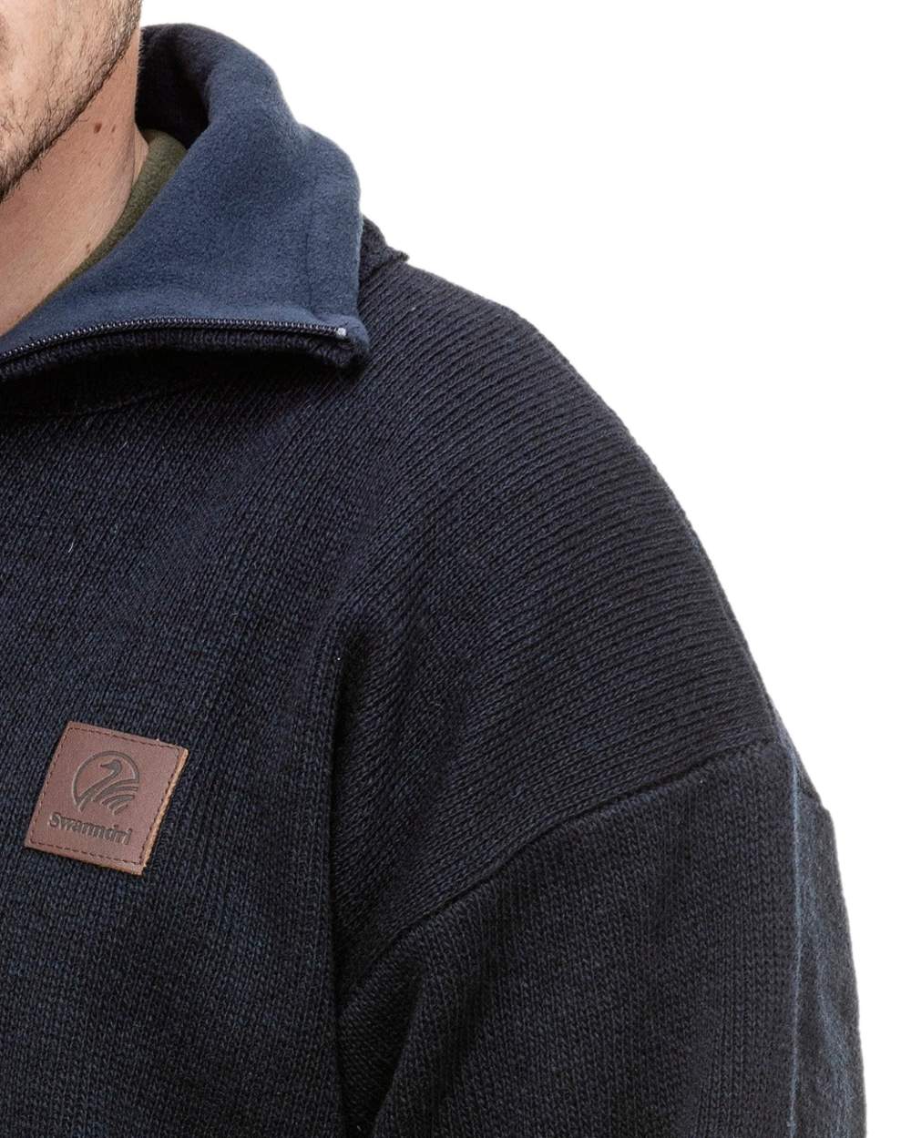 Navy Coloured Swanndri Mens Rhino Stormshield Wool Jersey with Windproof Lining on white background #colour_navy