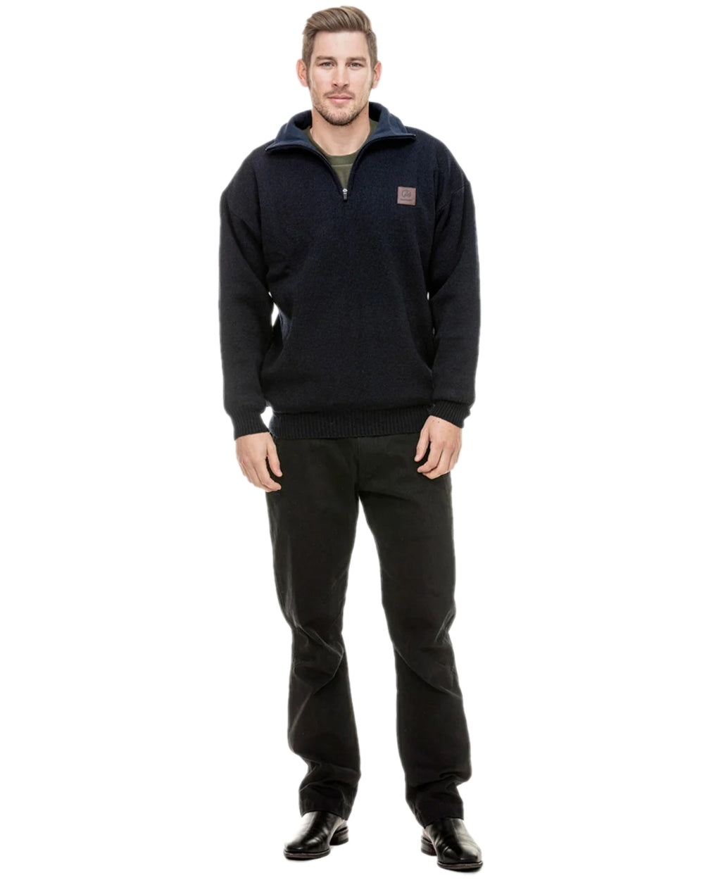 Navy Coloured Swanndri Mens Rhino Stormshield Wool Jersey with Windproof Lining on white background #colour_navy