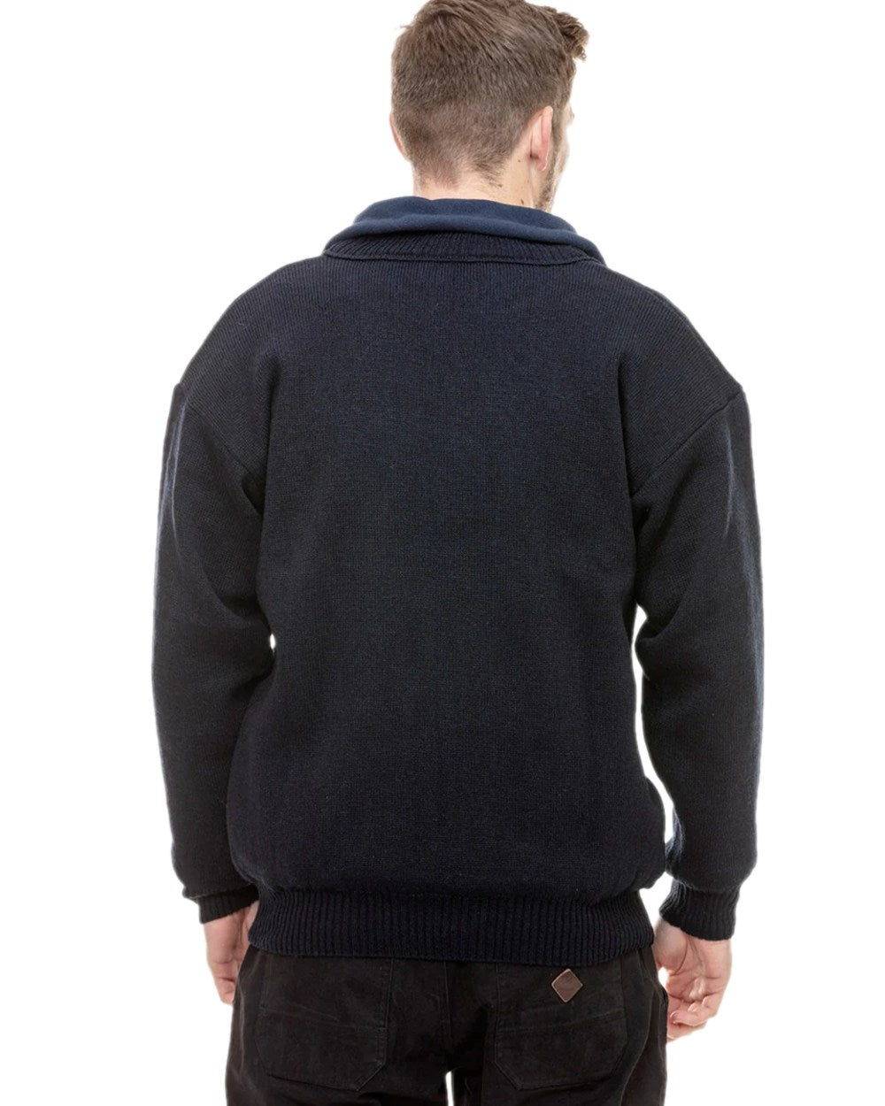 Navy Coloured Swanndri Mens Rhino Stormshield Wool Jersey with Windproof Lining on white background #colour_navy
