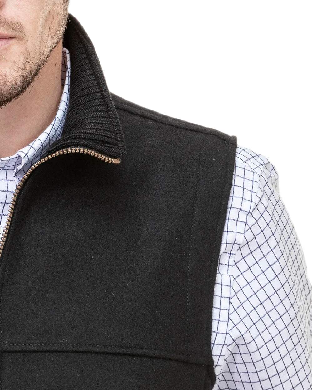 Black Coloured Swanndri Mens Saddleback Wool Vest on white background #colour_black