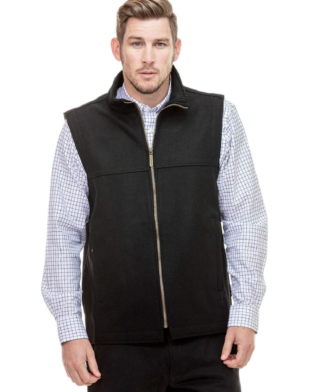 Black Coloured Swanndri Mens Saddleback Wool Vest on white background #colour_black