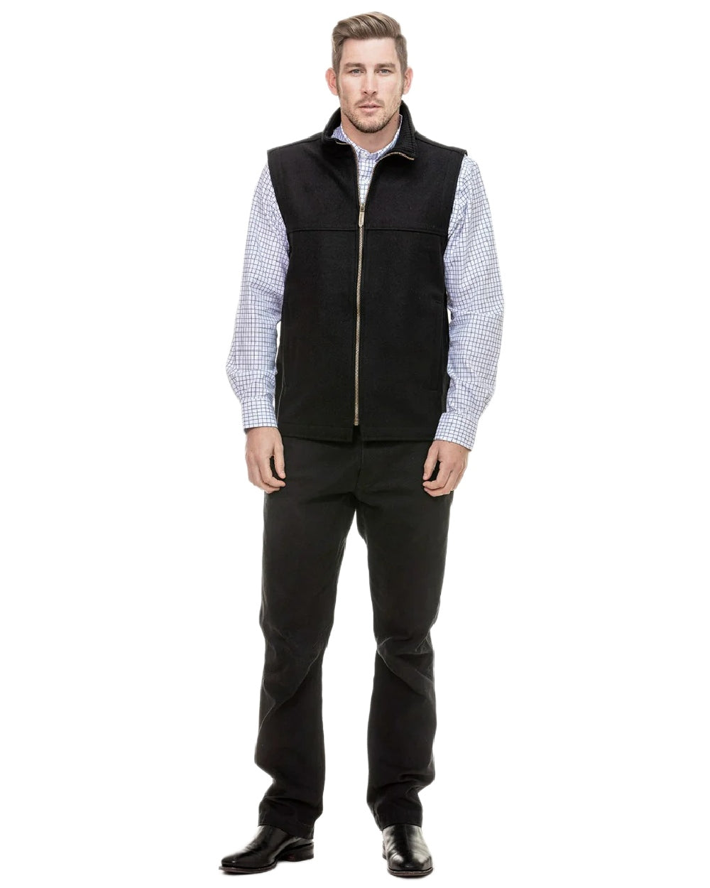 Black Coloured Swanndri Mens Saddleback Wool Vest on white background #colour_black