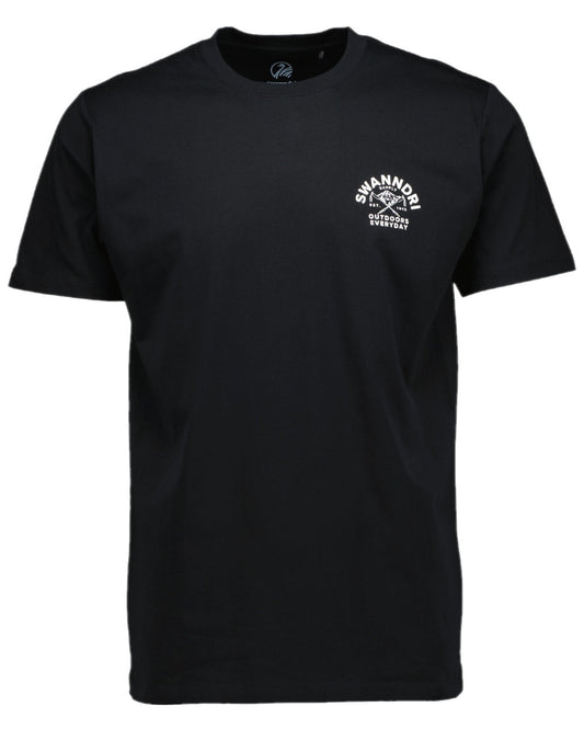 Black White Coloured Swanndri Mens Trails Printed T-Shirt on white background #colour_black-white