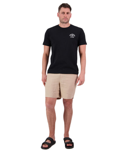 Black White Coloured Swanndri Mens Trails Printed T-Shirt on white background #colour_black-white