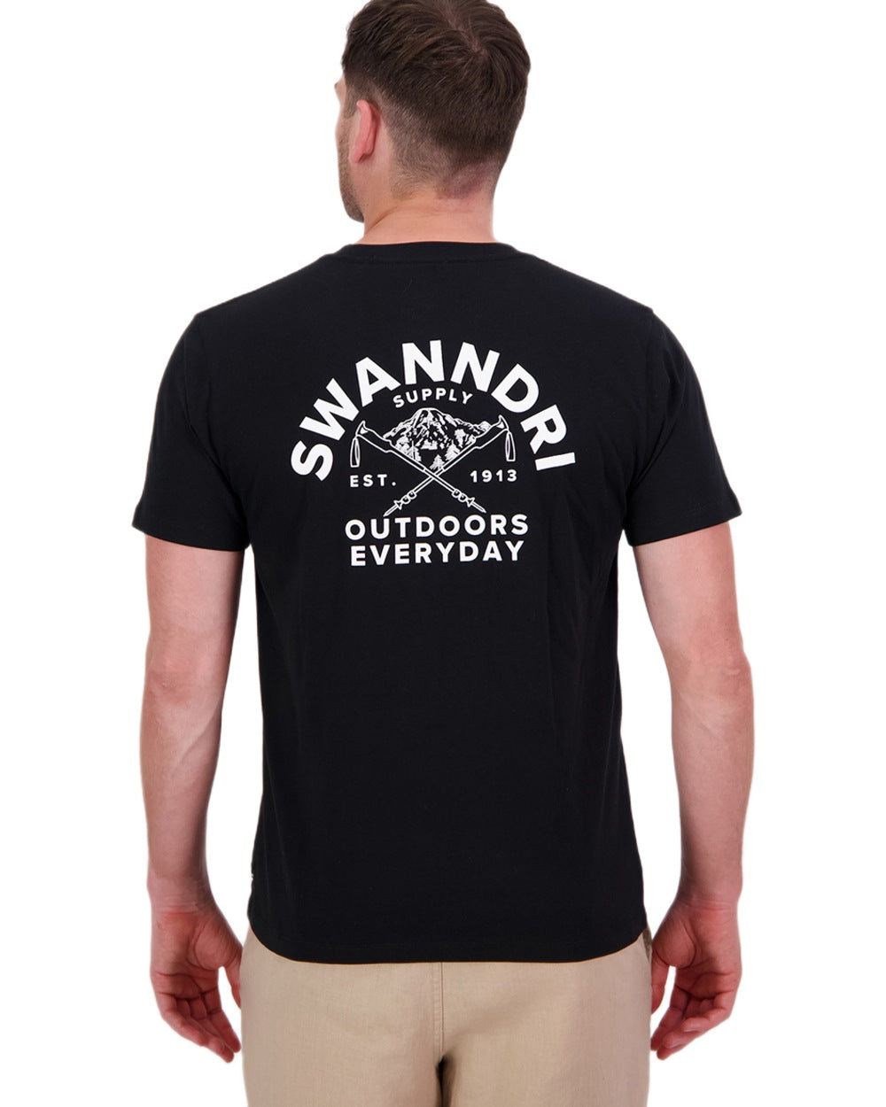 Black White Coloured Swanndri Mens Trails Printed T-Shirt on white background #colour_black-white