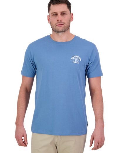 Smoke Blue White Coloured Swanndri Mens Trails Printed T-Shirt on white background #colour_smoke-blue-white