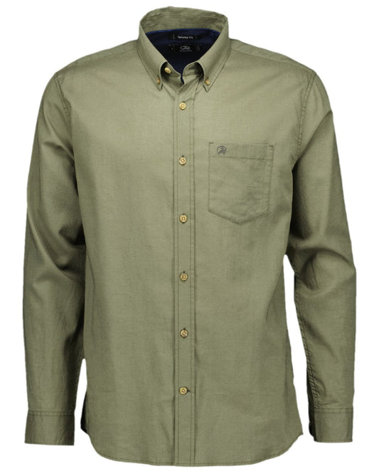 Olive Coloured Swanndri Mens Ward Long Sleeve Shirt on white background #colour_olive
