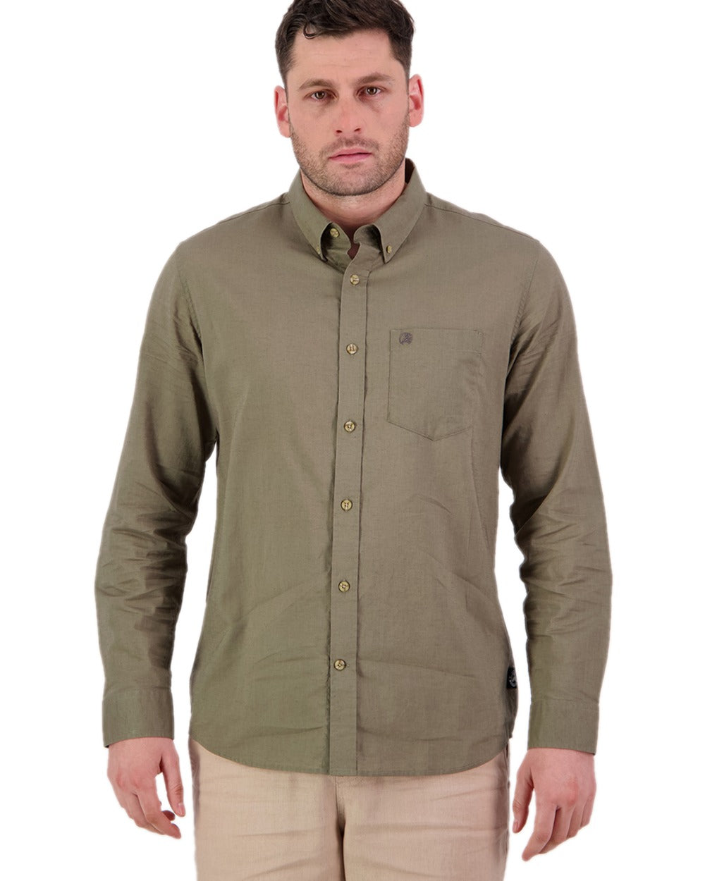 Olive Coloured Swanndri Mens Ward Long Sleeve Shirt on white background #colour_olive