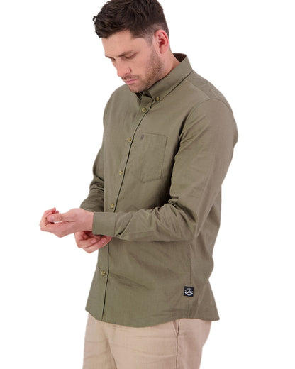 Olive Coloured Swanndri Mens Ward Long Sleeve Shirt on white background #colour_olive