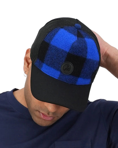 Blue Black Check Coloured Swanndri Swanni Trucker Cap on white background #colour_blue-black-check