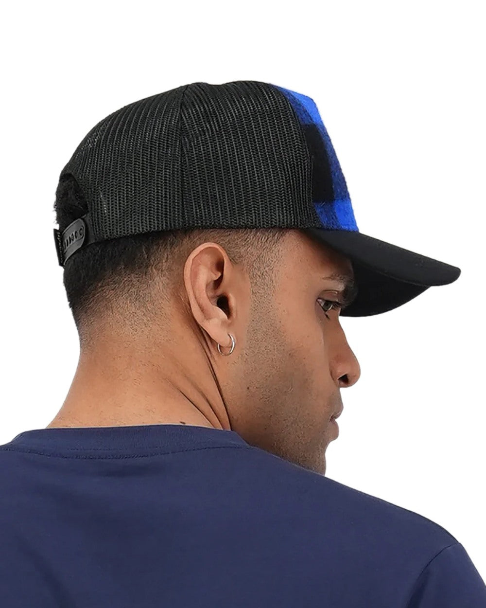 Blue Black Check Coloured Swanndri Swanni Trucker Cap on white background #colour_blue-black-check