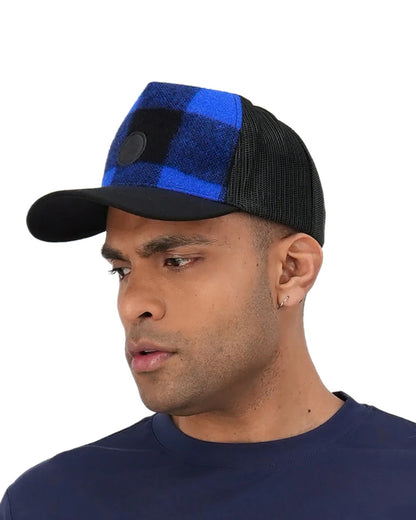 Blue Black Check Coloured Swanndri Swanni Trucker Cap on white background #colour_blue-black-check