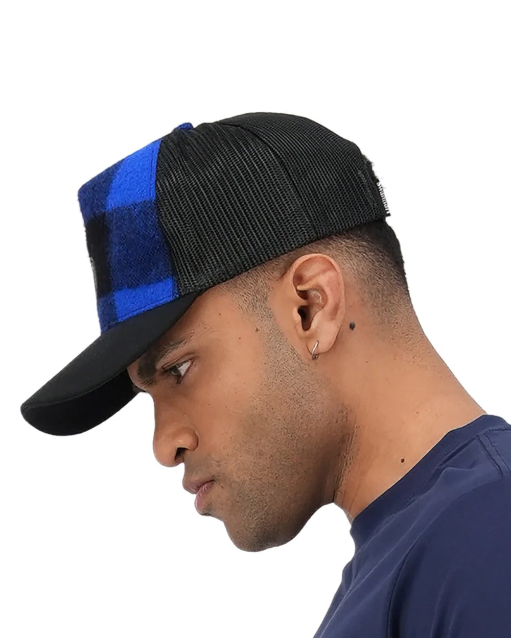 Blue Black Check Coloured Swanndri Swanni Trucker Cap on white background #colour_blue-black-check