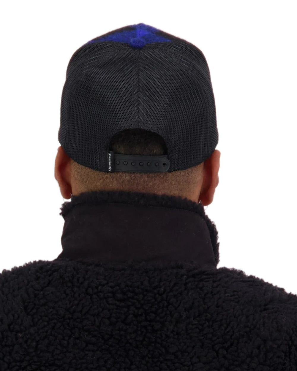 Blue Black Check Coloured Swanndri Swanni Trucker Cap on white background #colour_blue-black-check