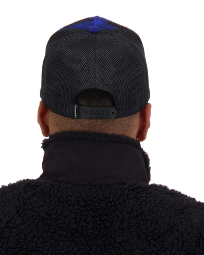 Blue Black Check Coloured Swanndri Swanni Trucker Cap on white background #colour_blue-black-check
