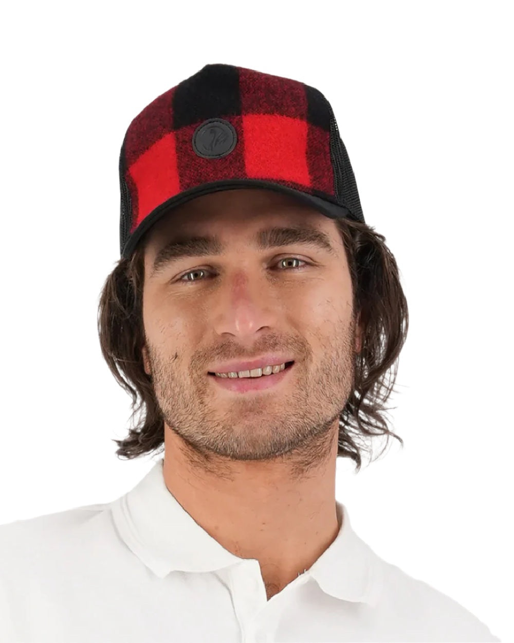 Red Black Check Coloured Swanndri Swanni Trucker Cap on white background #colour_red-black-check