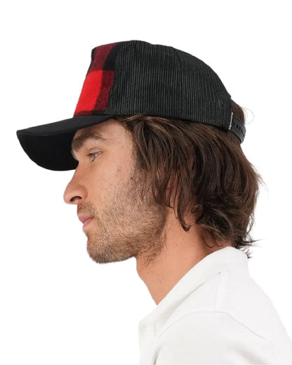 Red Black Check Coloured Swanndri Swanni Trucker Cap on white background #colour_red-black-check