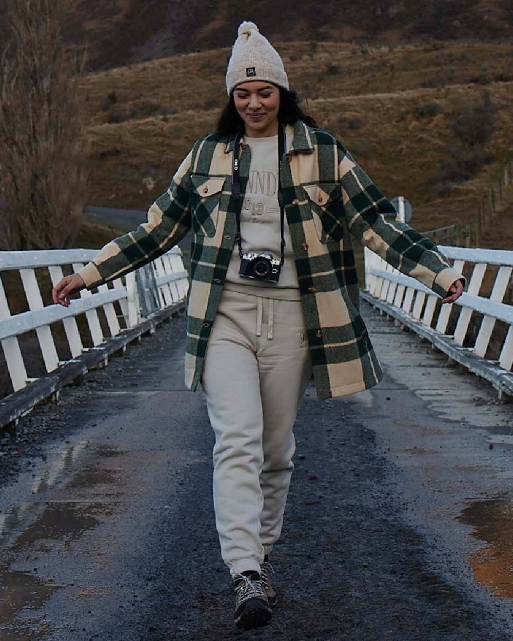 Limestone Check Coloured Swanndri Womens Anchorage Longline Jacket on outdoor background #colour_limestone-check