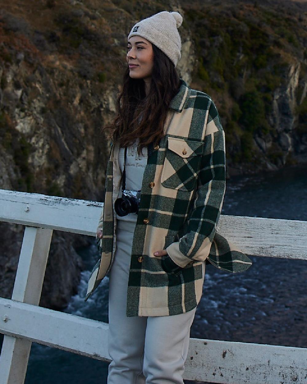 Limestone Check Coloured Swanndri Womens Anchorage Longline Jacket on outdoor background #colour_limestone-check