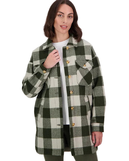 Limestone Check Coloured Swanndri Womens Anchorage Longline Jacket on white background #colour_limestone-check