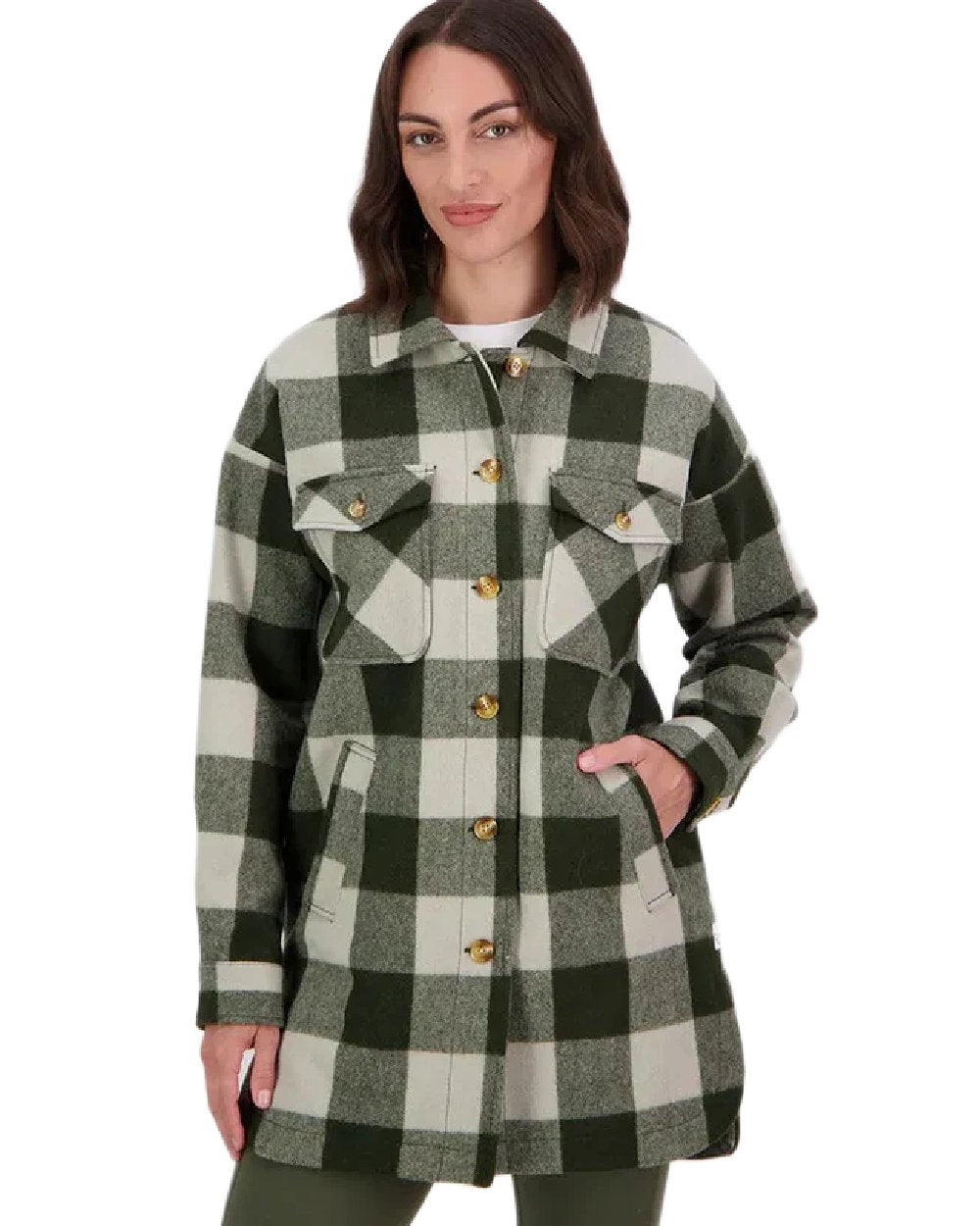 Limestone Check Coloured Swanndri Womens Anchorage Longline Jacket on white background #colour_limestone-check