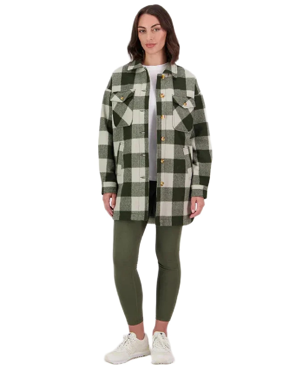 Limestone Check Coloured Swanndri Womens Anchorage Longline Jacket on white background #colour_limestone-check