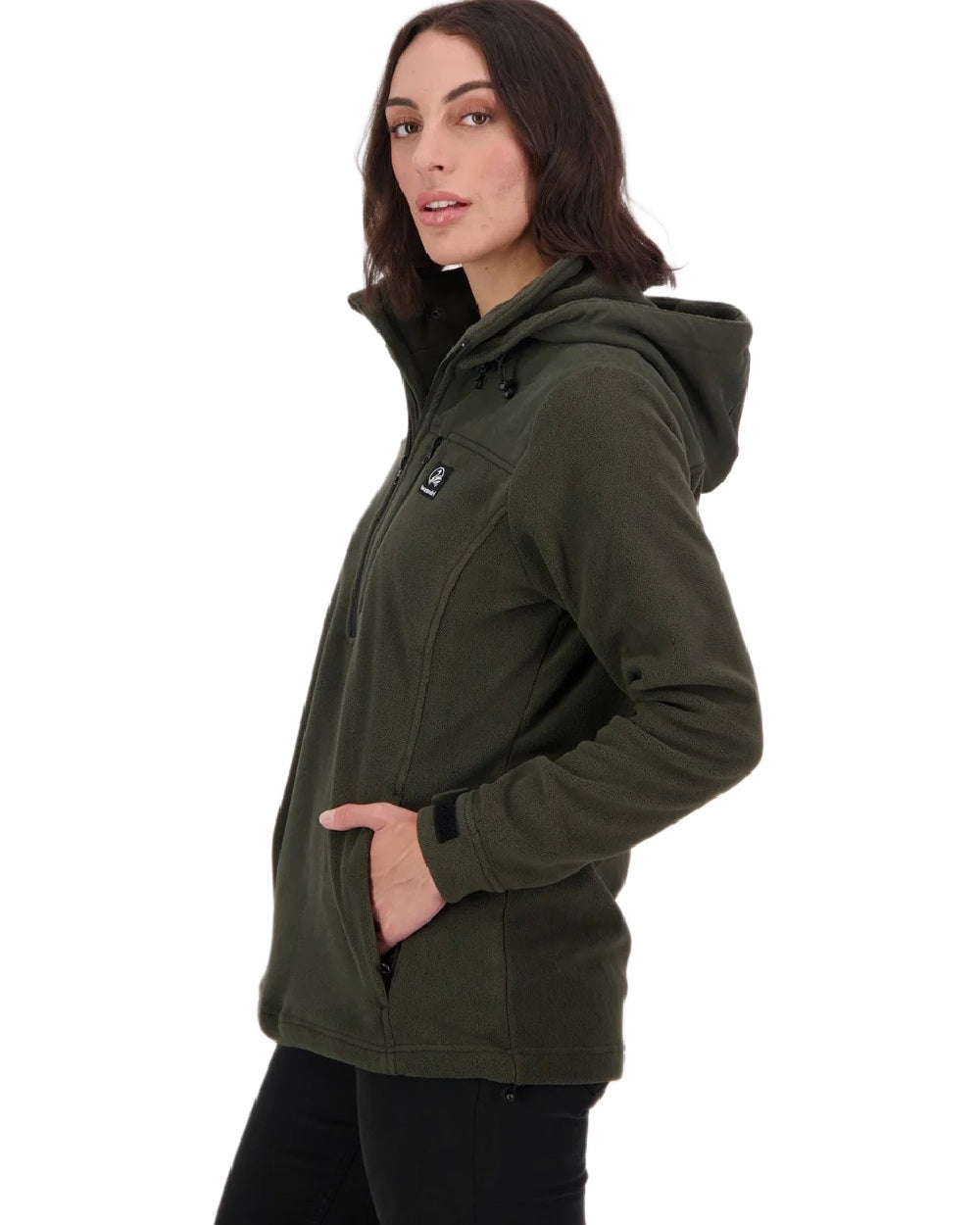 Olive Coloured Swanndri Womens High Rock Fleece Hoodie on white background #colour_olive