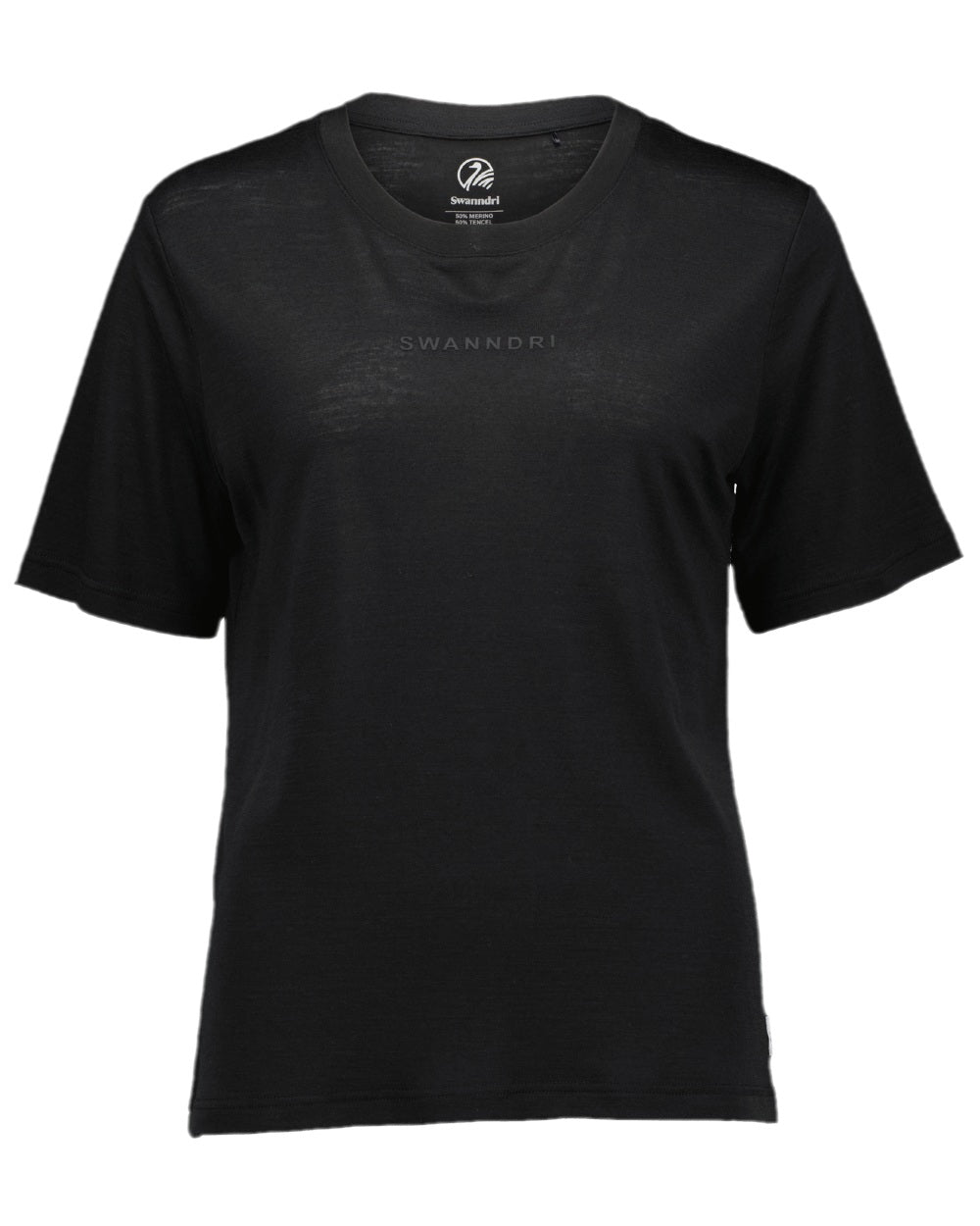 Black Coloured Swanndri Womens Merino Fusion T-Shirt on white background #colour_black