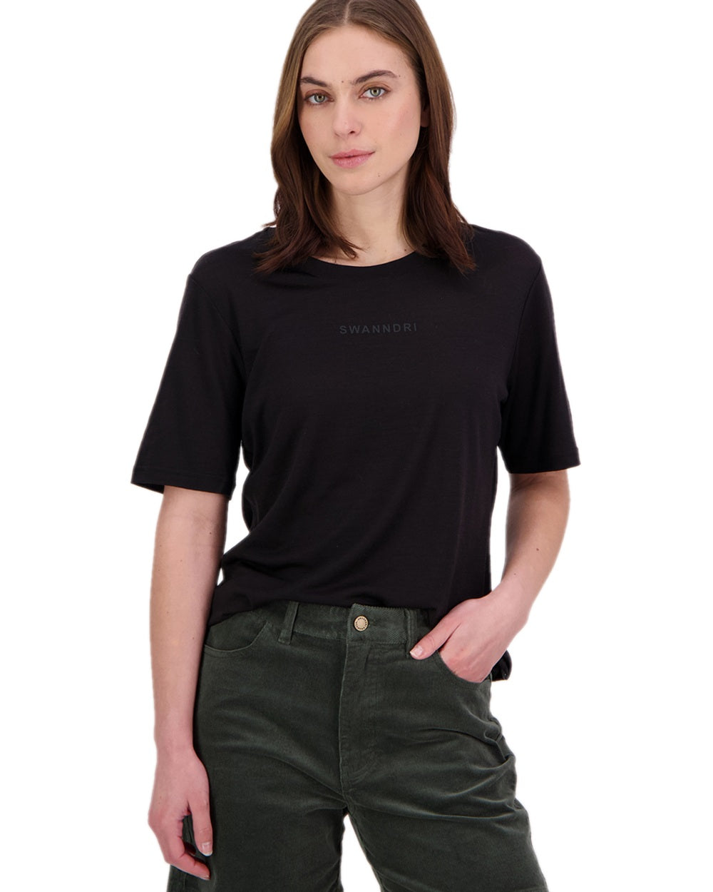 Black Coloured Swanndri Womens Merino Fusion T-Shirt on white background #colour_black