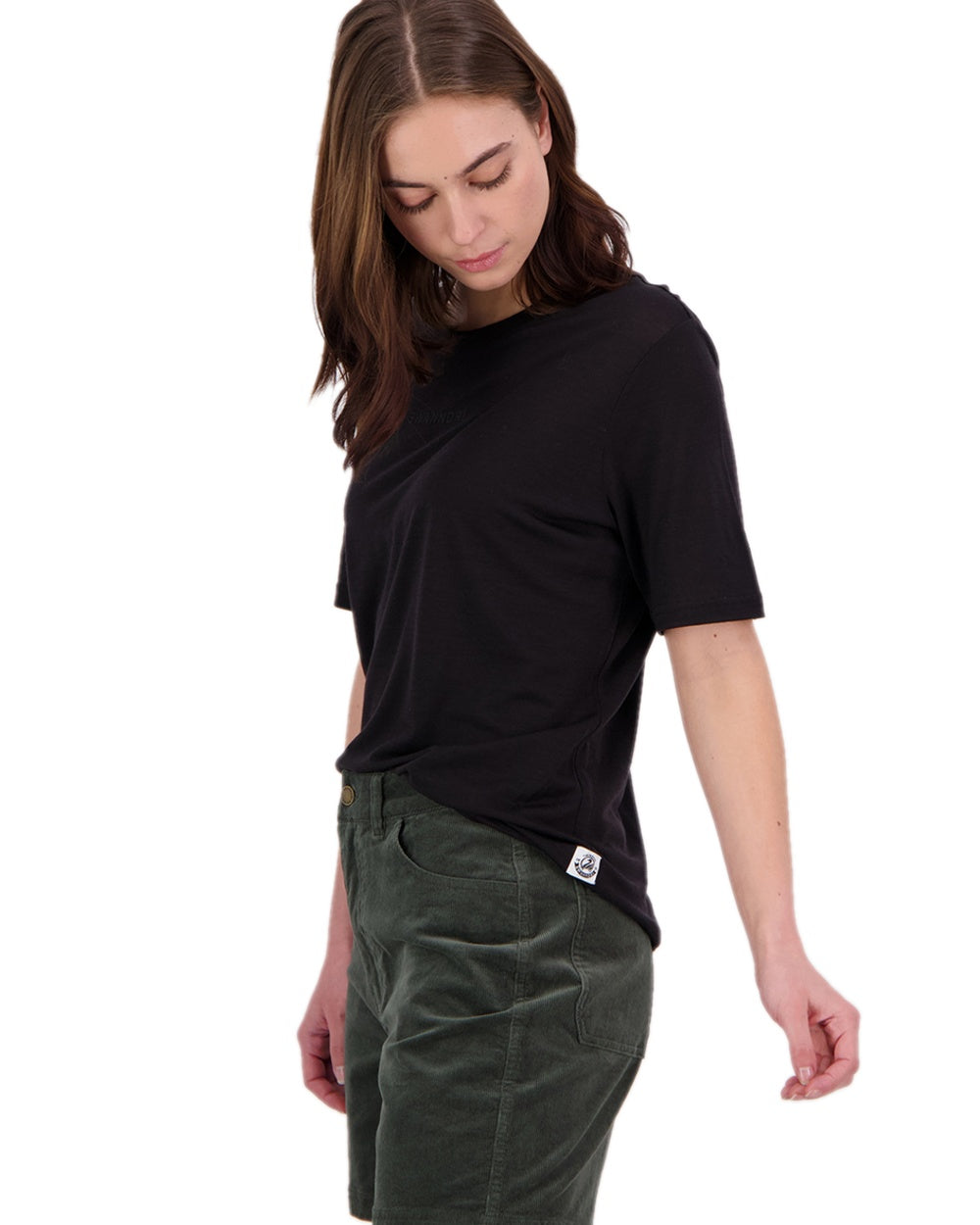 Black Coloured Swanndri Womens Merino Fusion T-Shirt on white background #colour_black