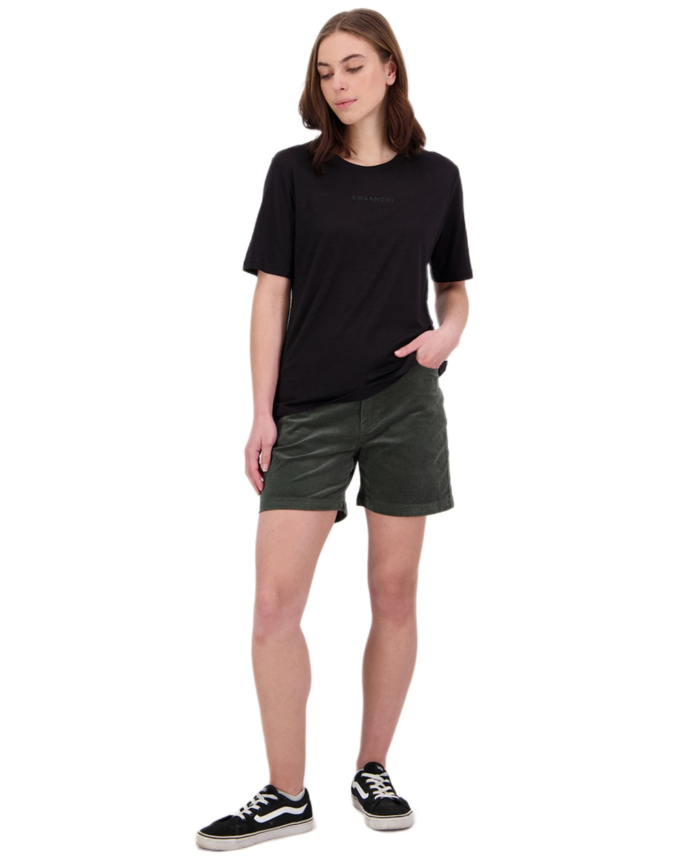 Black Coloured Swanndri Womens Merino Fusion T-Shirt on white background #colour_black