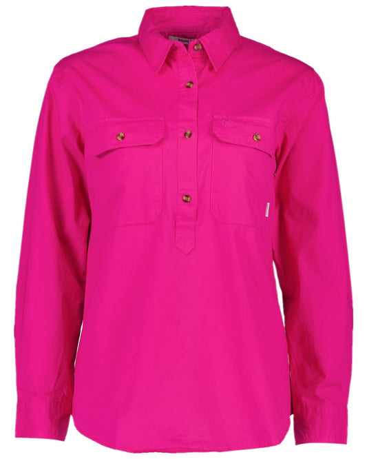 Pink Coloured Swanndri Womens Roma Long Sleeve Shirt on white background #colour_pink
