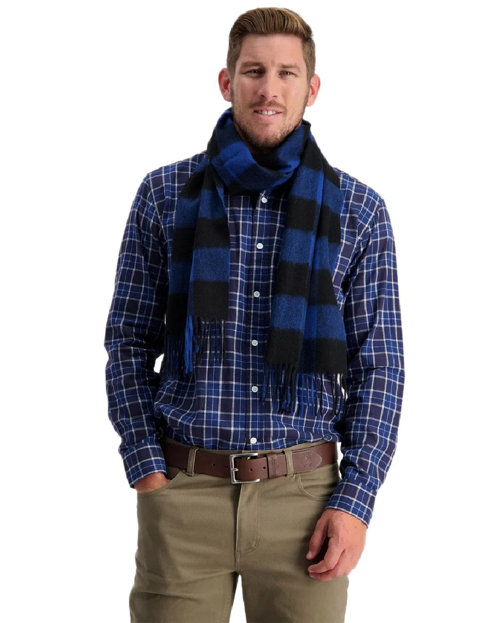 Blue Black Check Coloured Swanndri Wool Scarfie on white background #colour_blue-black-check