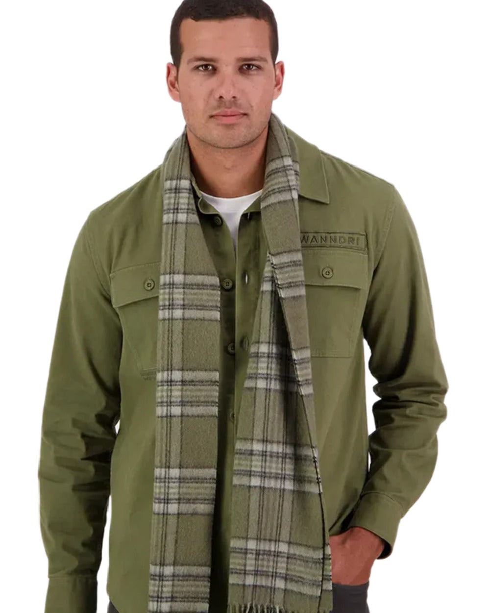 Lt Woodlands Check Coloured Swanndri Wool Scarfie on white background #colour_lt-woodlands-check