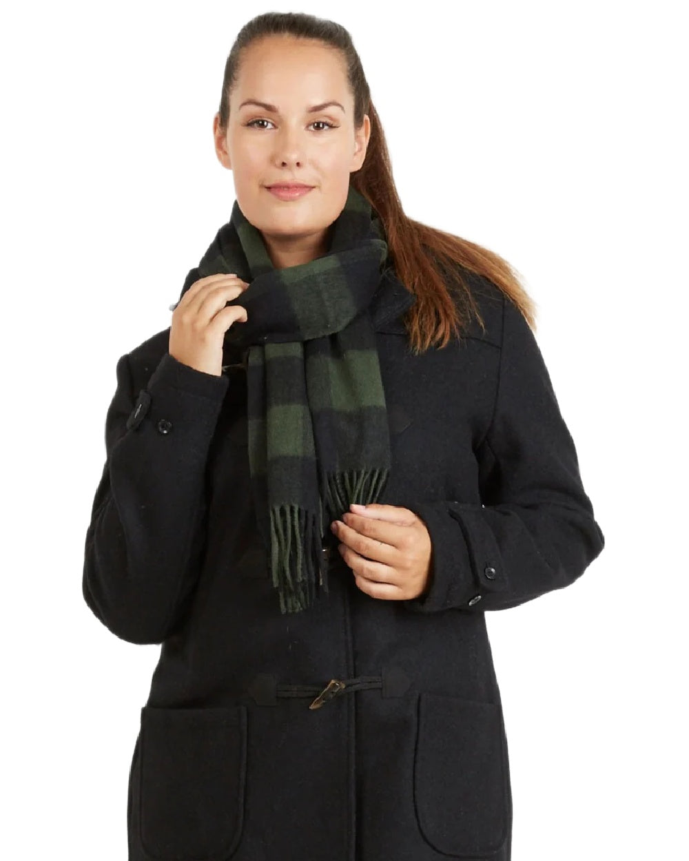 Olive Black Check Coloured Swanndri Wool Scarfie on white background #colour_olive-black-check
