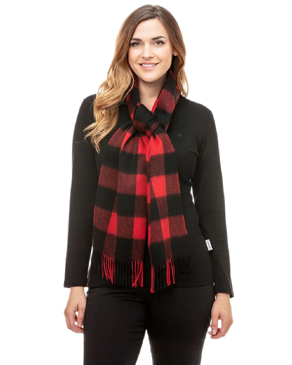 Red Black Check Coloured Swanndri Wool Scarfie on white background #colour_red-black-check