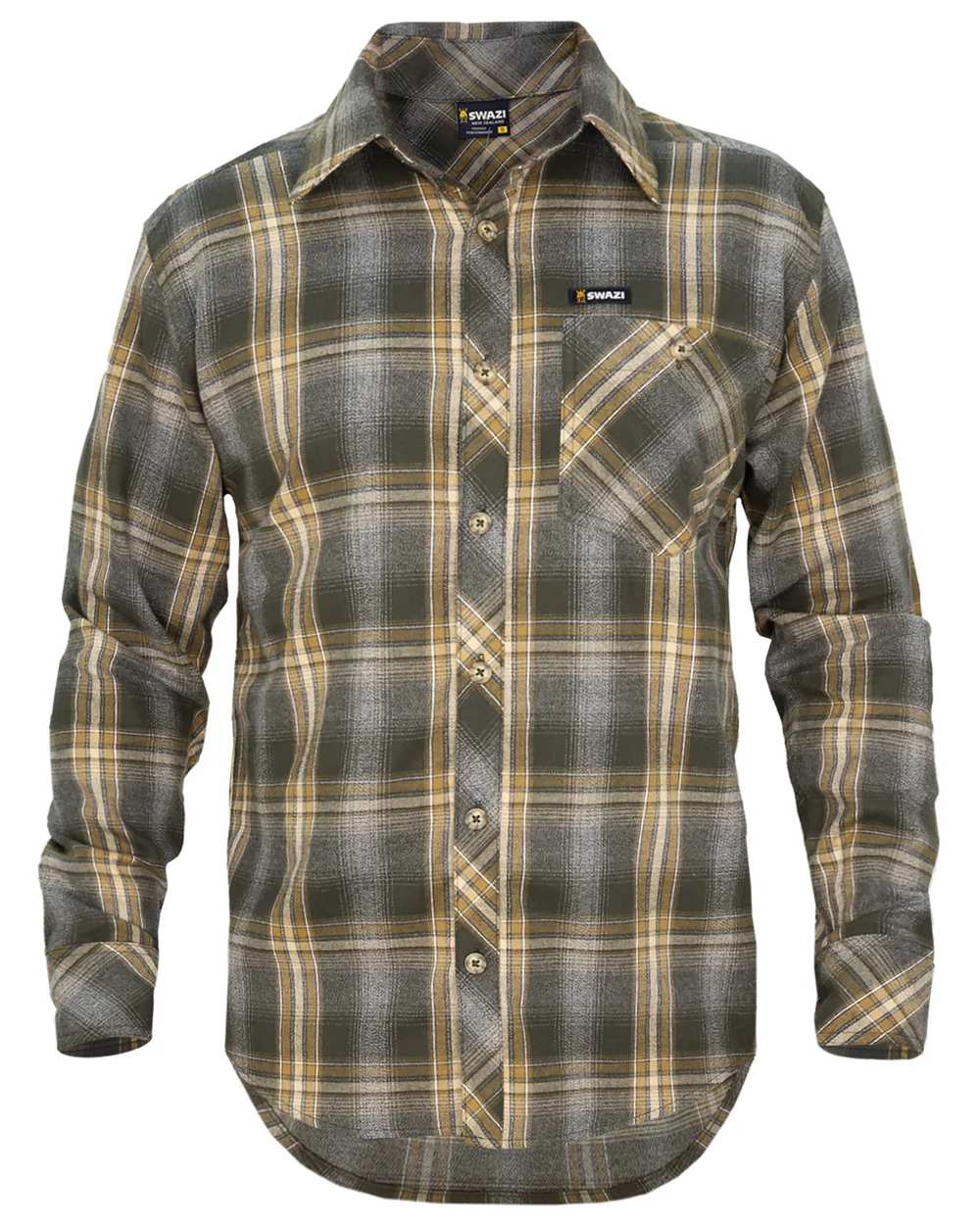 Olive coloured Swazi Grafter Shirt on white background #colour_olive